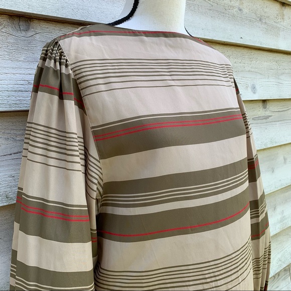 Vintage 80s Tan Striped Boat Neck Collarless Long Sleeve Popover Semi Sheer Top - Picture 4 of 16